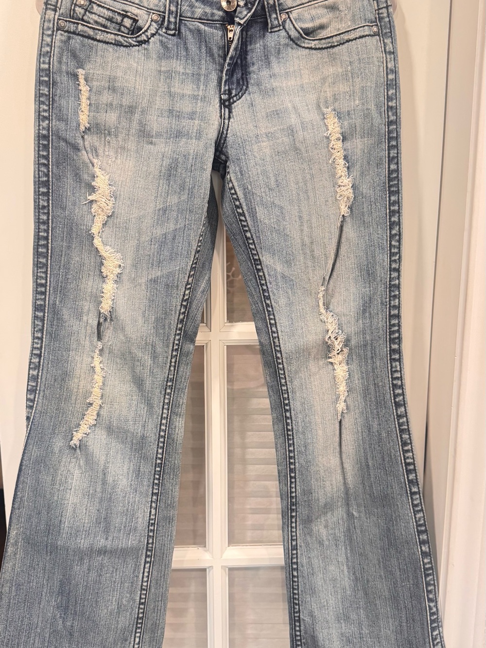 Cowgirl Tuff Light Wash Distressed Flare Jeans